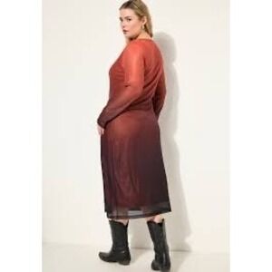 NWT‎ Studio Untold Orange Burgundy Ombre Mesh Long Sleeve Midi Dress 20/22 Fun